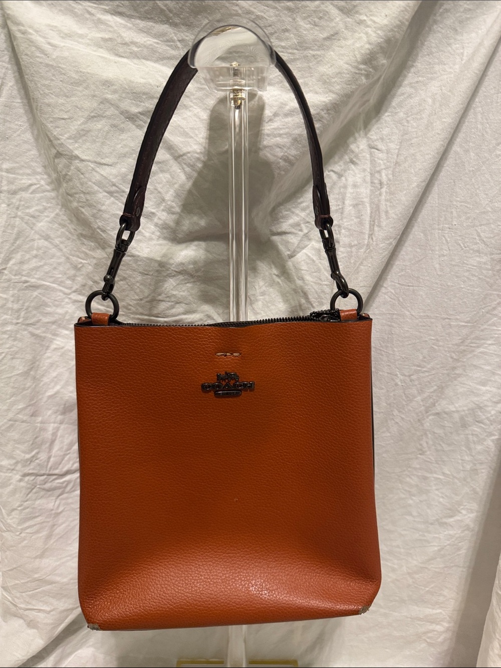 Coach Pebble Leather Shoulder Bag in Rust with Dark Brown Strap